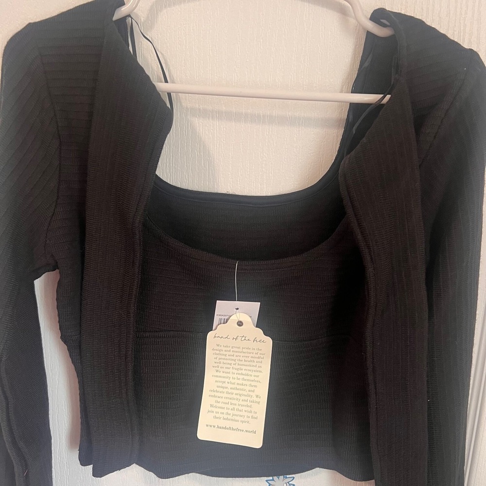 Band of the Free Black Square Neck Smocked Ribbed Long Sleeve Top Size Small NEW